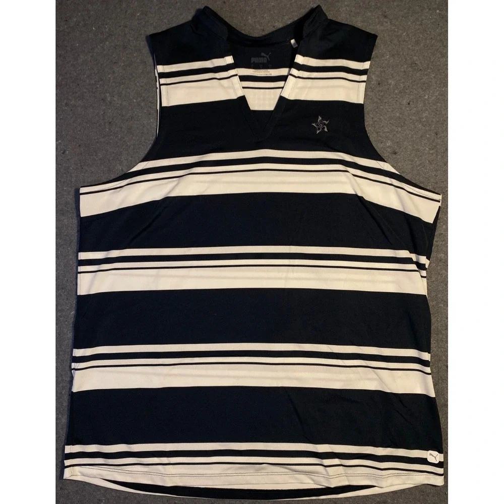 PUMA large Cloudspun SLEEVELESS Valley Womens Shirt Blue White Striped Golf - Picture 2 of 8